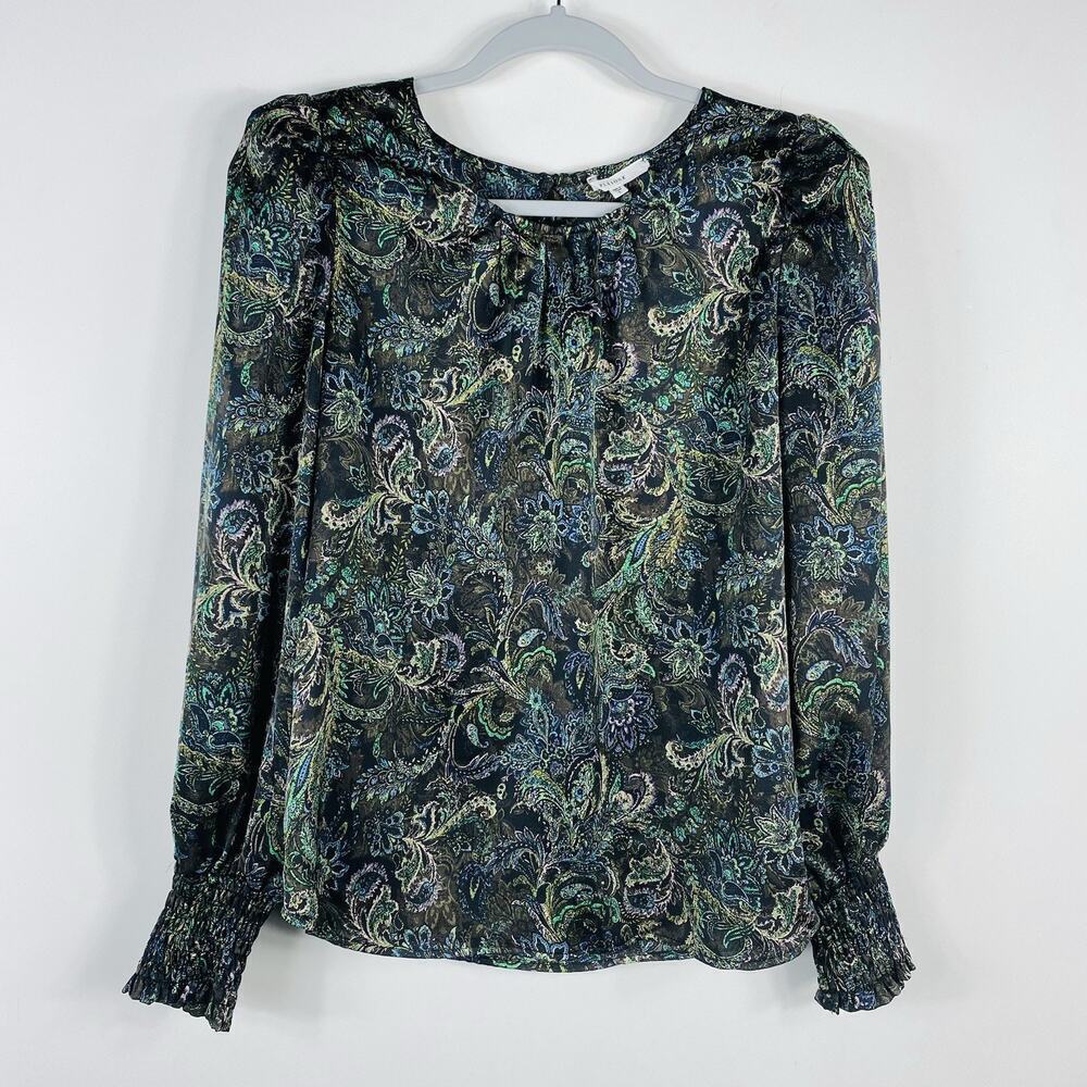 Pleione Size Small Printed Puff Shoulder Smocked Cuff Blouse Top